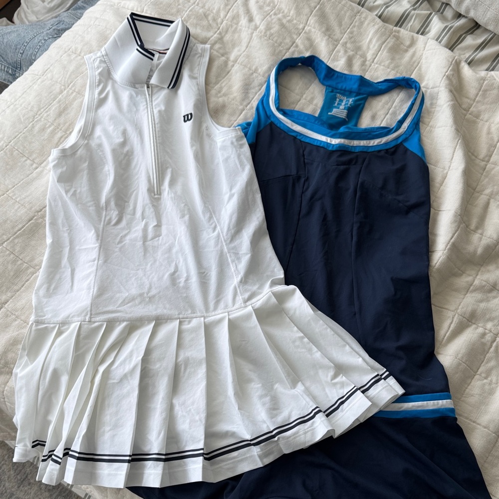 Wilson White Pleated Tennis Dress with Navy and Bright Blue Tank